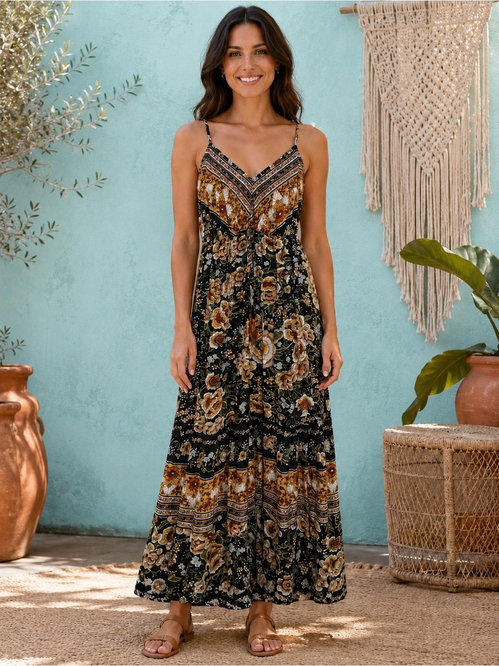 Rustrydustty Boho Floral Maxi Dress with Ajustable Spaghetti Straps Size Small